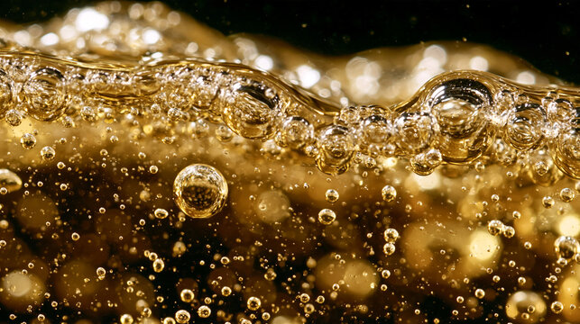 Macro view of golden sparkling liquid with dense rising bubbles on black background