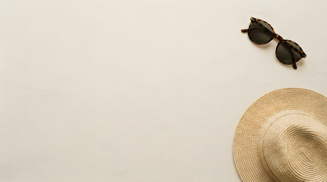 Straw hat and round sunglasses flat lay on sand-coloured background, summer vacation concept