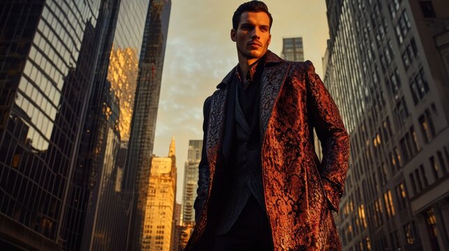 Man in stylish coat amidst city skyscrapers
