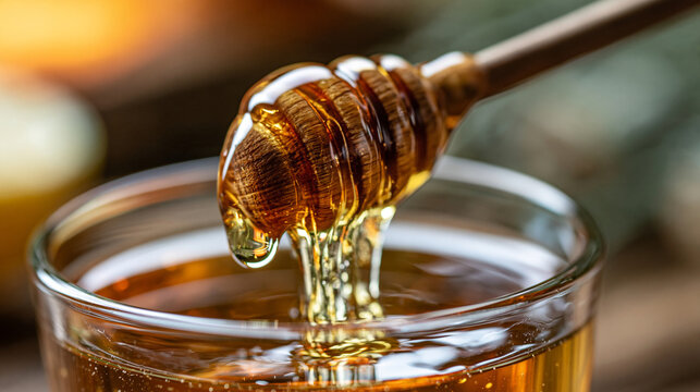 Golden honey dripping from a wooden dipper into a glass jar with liquid food sweetener