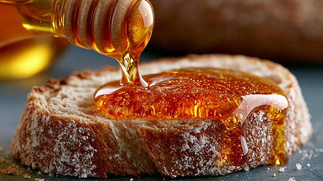 Golden liquid honey pouring from wooden dipper onto a slice of toasted bread with still life