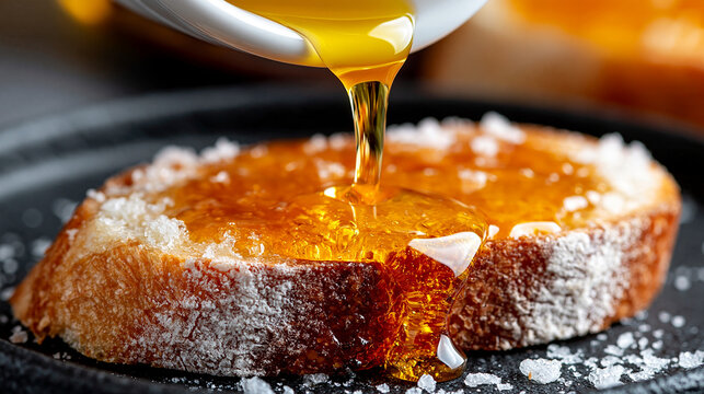 Pure honey drizzling over a crusty bread slice seasoned with sea salt