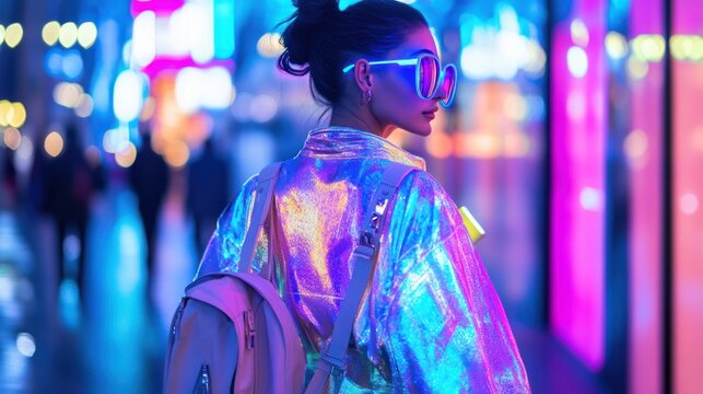 Woman in iridescent jacket with sunglasses night