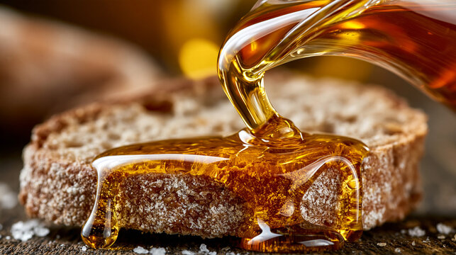 Amber honey syrup pouring from glass pitcher onto fresh rustic bread slice with breakfast foo