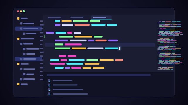 Abstract programming interface displaying source code processing with animated data loading bar loop.