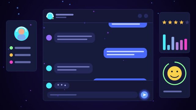 Animated chat bot interface showing customer support dashboard with data graphs and messaging flow.