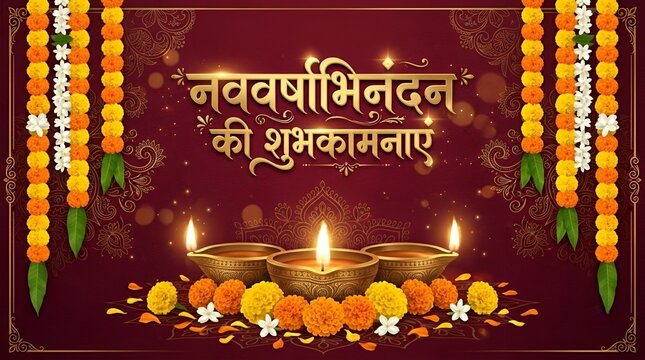 Image is a festive greeting card with a rich maroon background featuring intricate floral patterns. At the center, there are three traditional brass oil lamps with flames, surrounded by scattered mari