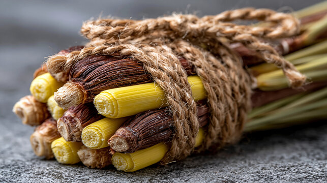 Bundle of fresh baby corn cobs tied with jute twine on stone surface farm harvest raw food