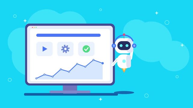 Artificial intelligence robot managing data dashboard with analytics and automated system animation.