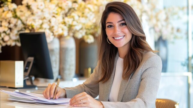 Smiling businesswoman at a desk
