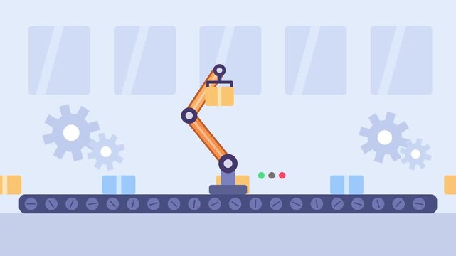 Automated robotic arm sorting colored boxes on factory conveyor belt in flat vector animation footage.