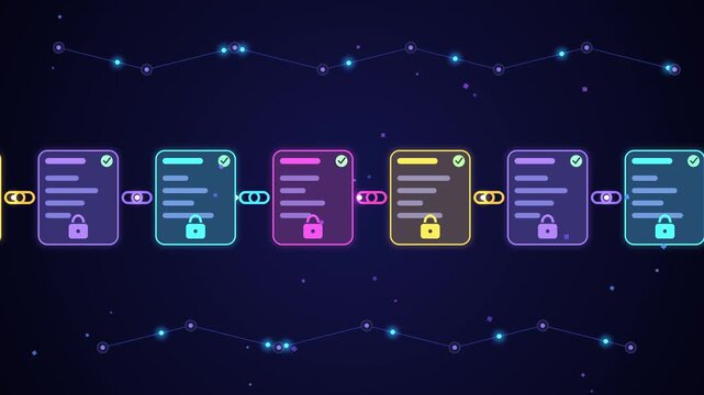 Blockchain technology animated background showing secure digital documents linked in continuous loop.