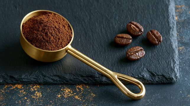 Finely ground coffee powder in brass measuring spoon with whole beans on slate