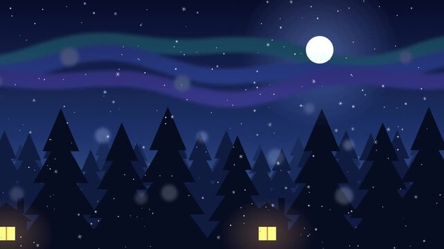 Christmas winter night landscape with pine forest aurora borealis and snowy sky in flat cartoon art.
