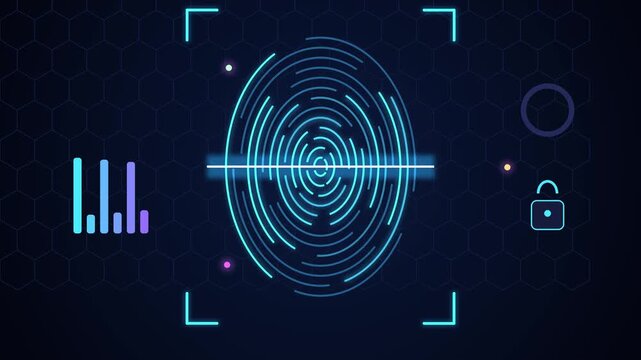 Fingerprint digital scanner security interface motion graphic verifying biometric data access system.