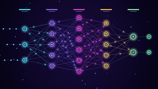 Neural network abstract animation representing deep learning process on dark background digital loop.