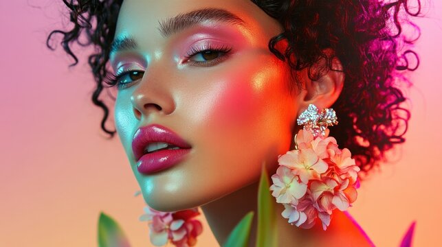 Beautiful woman with vibrant makeup and floral earrings