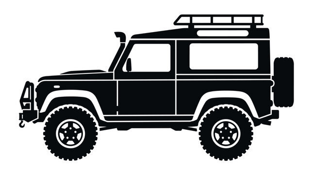 Black silhouette of a rugged off-road 4x4 suv vehicle with a roof rack and large tires for adventure travel trips