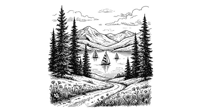 Black and white ink sketch of a peaceful lake with sailboats mountains tall pine trees and a field with flowers