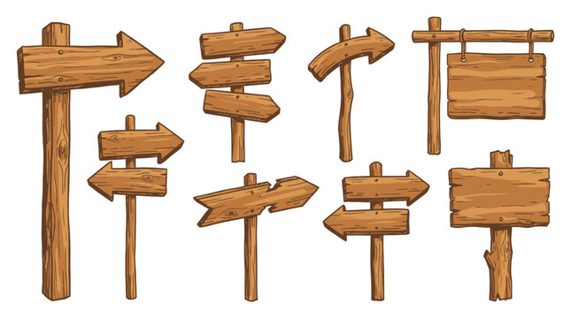 Set of wooden sign boards and directional arrows for navigation and forest path markers in a rustic cartoon style