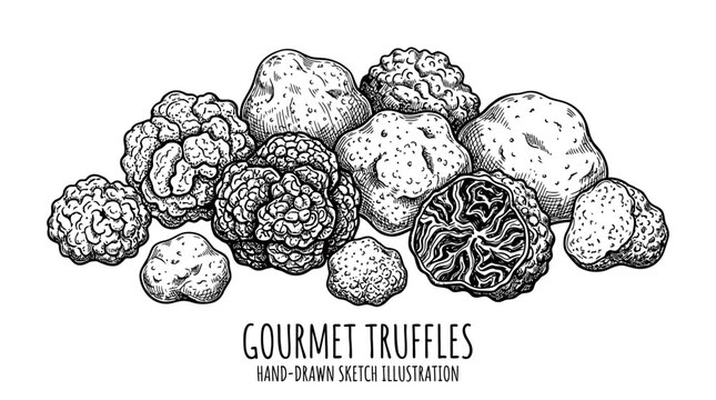 Hand drawn illustration of a group of gourmet black truffles for cooking and fine dining food menu design elements