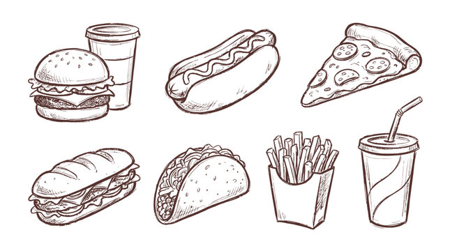Set of hand drawn fast food illustrations featuring a burger hot dog pizza taco fries and cold drinks in a sketch style