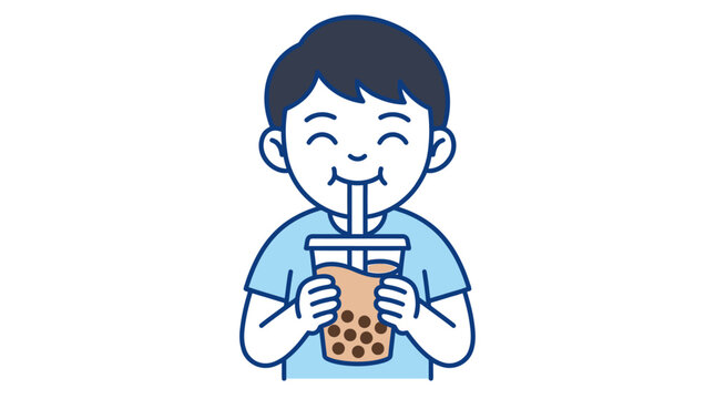 Happy young boy drinking tasty bubble tea with tapioca pearls from a plastic cup with a straw in a cute cartoon style