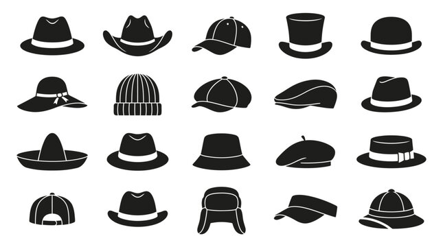 Collection of various black hat icons and headwear styles like fedora cowboy baseball cap beanie and winter hats