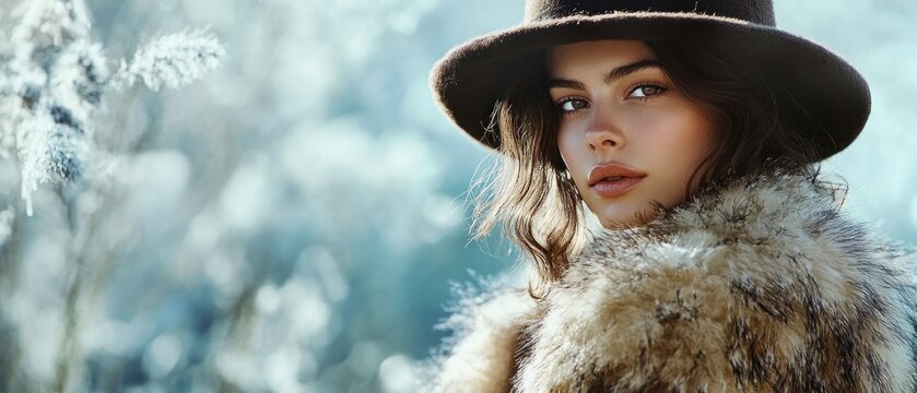 Young woman in hat and fur coat looking at the camera