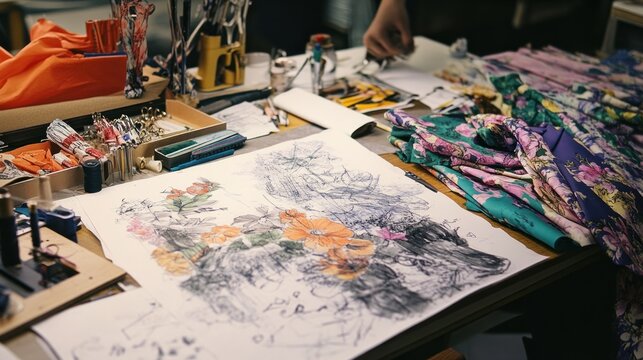 Artists workspace with drawing painting supplies and fabric