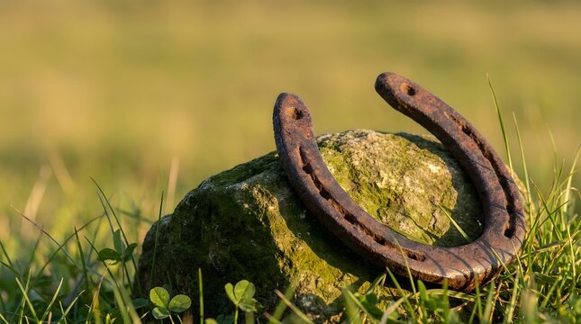 A rusty horseshoe rests on a weathered stone amidst green grass, symbolizing luck and good fortune in a close-up, natural setting