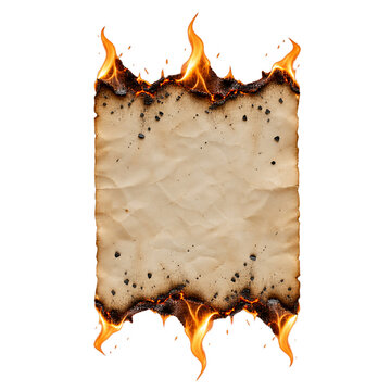 Burning vintage paper parchment isolated on transparent background with charred edges and bright orange flames for design