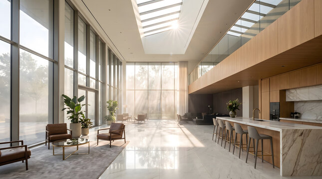 Luxury atrium interior with sunburst through skylight, floor to ceiling windows, polished marble floor, waterfall marble island and leather armchairs in misty morning light