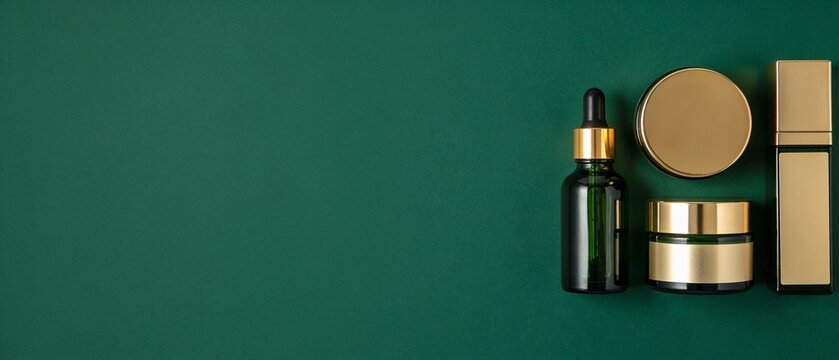 Minimalist skincare product set with gold and bronze bottles on dark green background