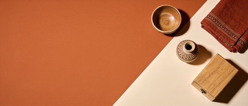 Minimalist flat lay of wooden and ceramic objects on orange and white background