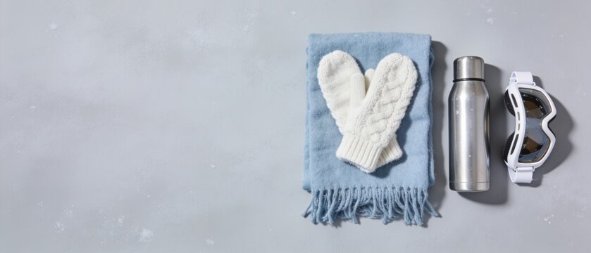 Cozy winter travel essentials with insulated water bottle and fuzzy heart-shaped mittens
