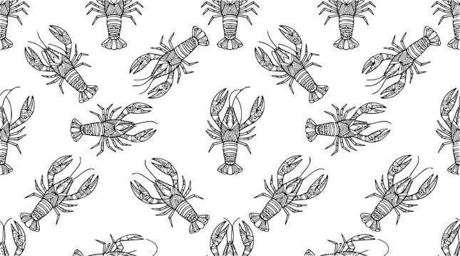 Black Crawfish Line Art Seamless Geometric Decorative Pattern