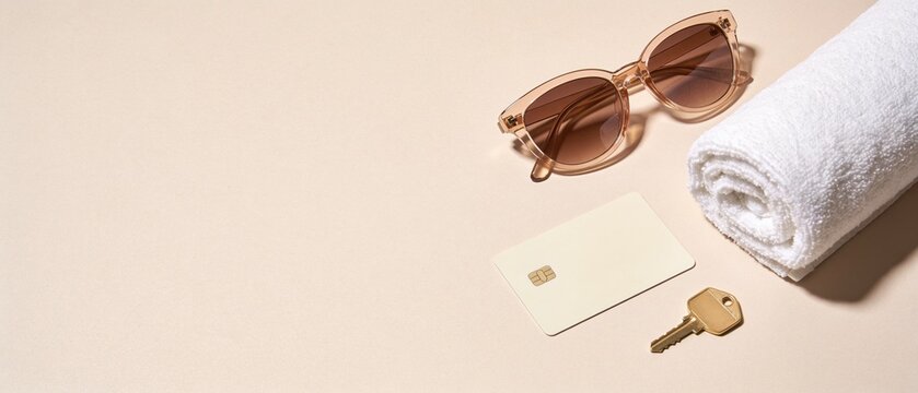 Minimalist summer accessories with sunglasses towel and key on neutral background