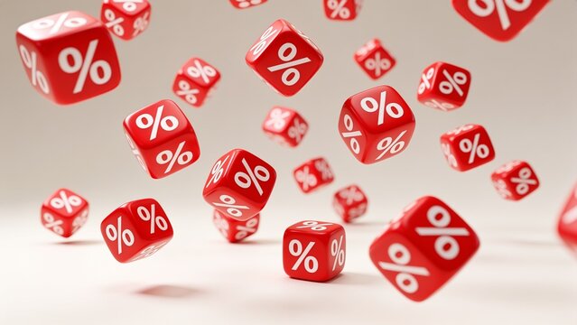 Floating 3D red dice with percentage symbols in dynamic composition