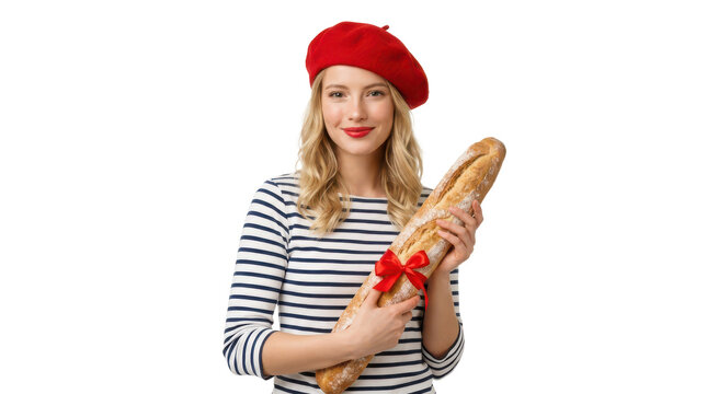 Beautiful woman wearing a red beret and striped shirt holding a baguette with a red bow, isolated on transparent background