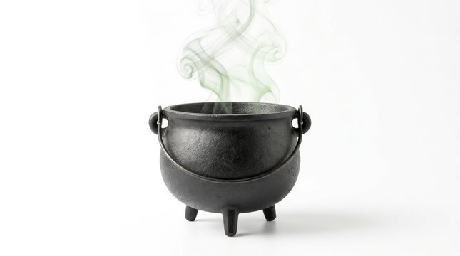 A black cast iron three legged witch cauldron sits centered against a pure white background with wisps of eerie green smoke rising elegantly from its opening
