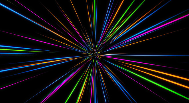 A black background showcases a vibrant burst of multicolored light rays emanating from a central point.