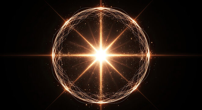 A radiant, golden orb dominates the image, encircled by a complex, interwoven network of light strands.