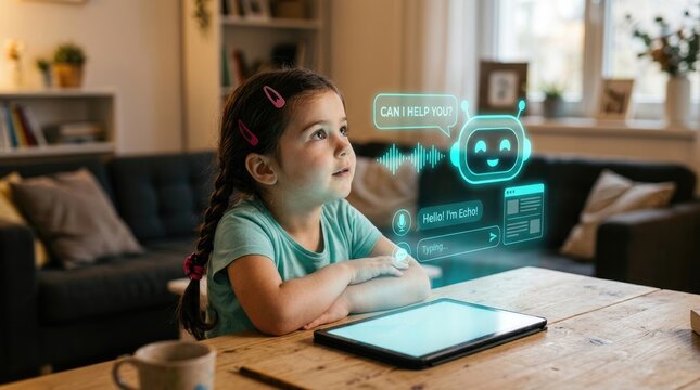 A young girl sits at a wooden table, intently looking at a tablet displaying a holographic interface with a friendly robot assistant.