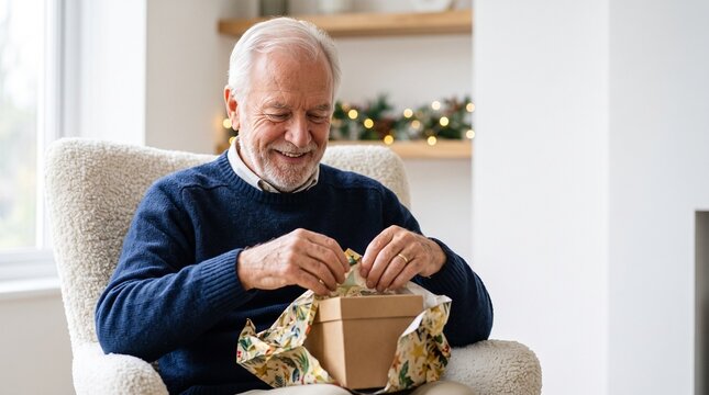 Smiling senior man unwraps a small Christmas gift while seated in a cozy living room