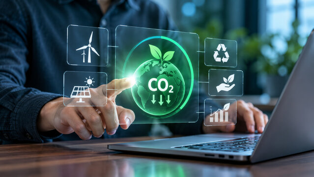A person interacts with a digital interface showing carbon reduction symbols. The display features energy and environmental icons, suggesting a focus on sustainability and technology