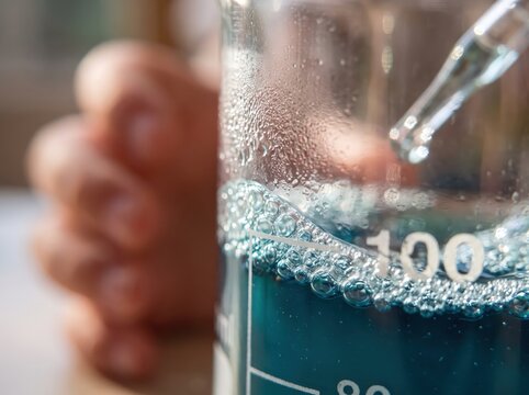 Child science experiment holding pipette near beaker chemistry lab