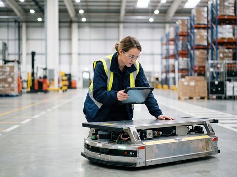 Industrial worker using digital tablet near automated robot modern warehouse science facility