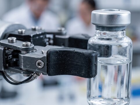 Robotic arm holding medical vial science laboratory automation