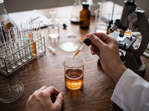Science laboratory research scientist holding glass dropper over beaker